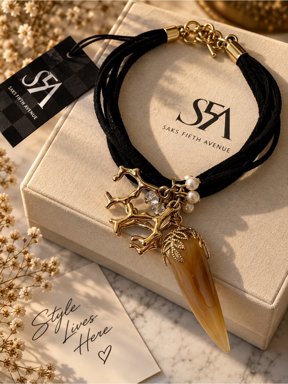 Saks Fifth Avenue Black & Gold Cord Necklace with Amber Pendant